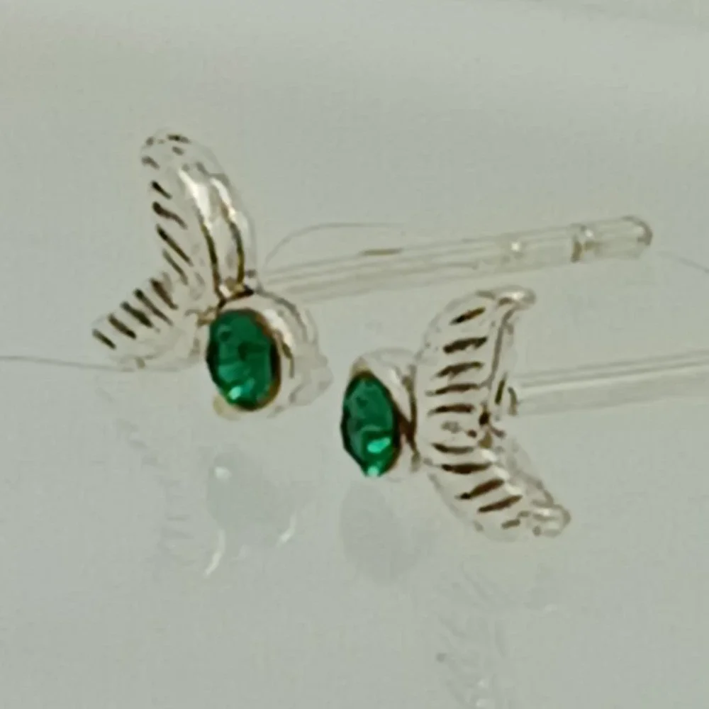 Sterling Silver 925 Mermaid Tail Stud Earrings Green Crystal Nautical Jewelry‎